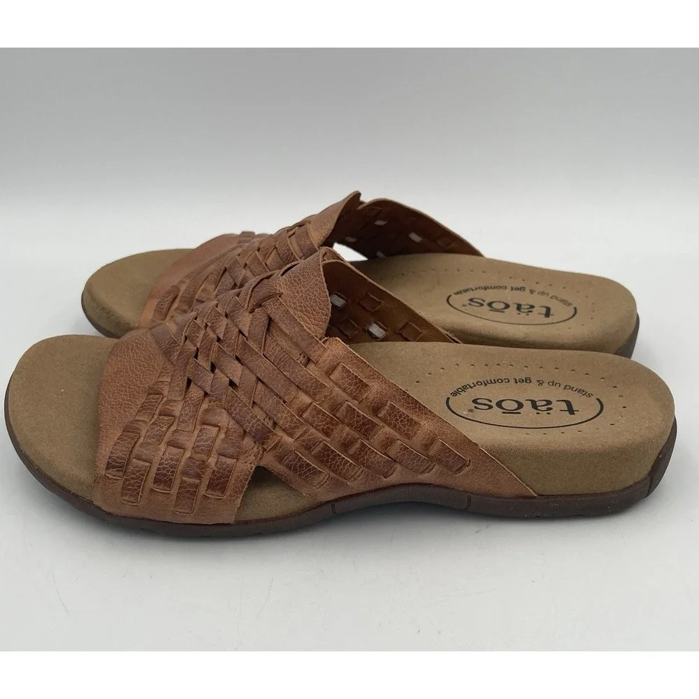 Taos Women's Guru Leather Woven Slide Comfort Sandal Flats Honey Brown Size:6